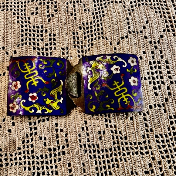 Distinctive Antique Cobalt Blue Enameled Brass Belt Buckle From China - c 1920 - Picture 7 of 8